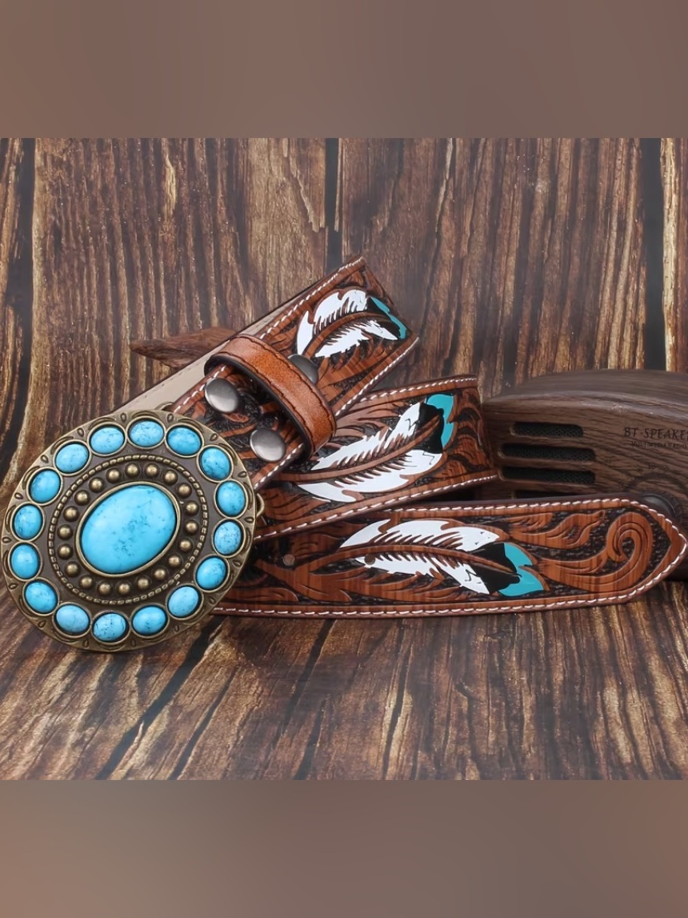 WESTERN Brown Faux Leather Belt with Feather Detail and Gold Tone Buckle